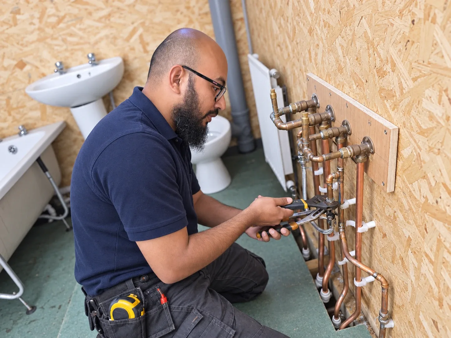 Reduan fitting copper pipework and isolation valves beside a bathroom suite